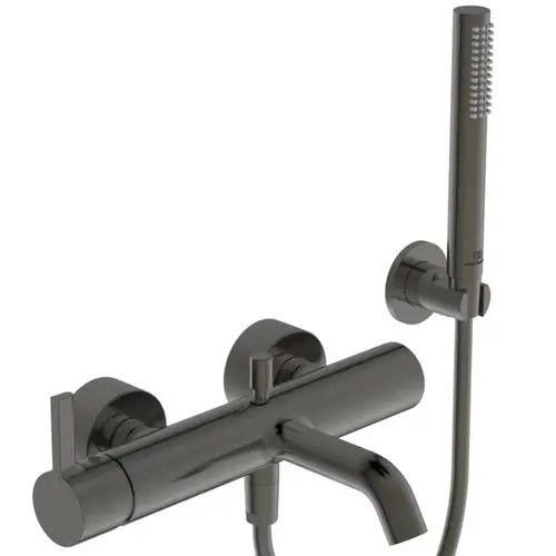Badearmatur von Ideal Standard in Mattgrau mit Stabhandbrause, Brauseschlauch und Wandhalter. Modernes Design mit integrierter Funktionalität.